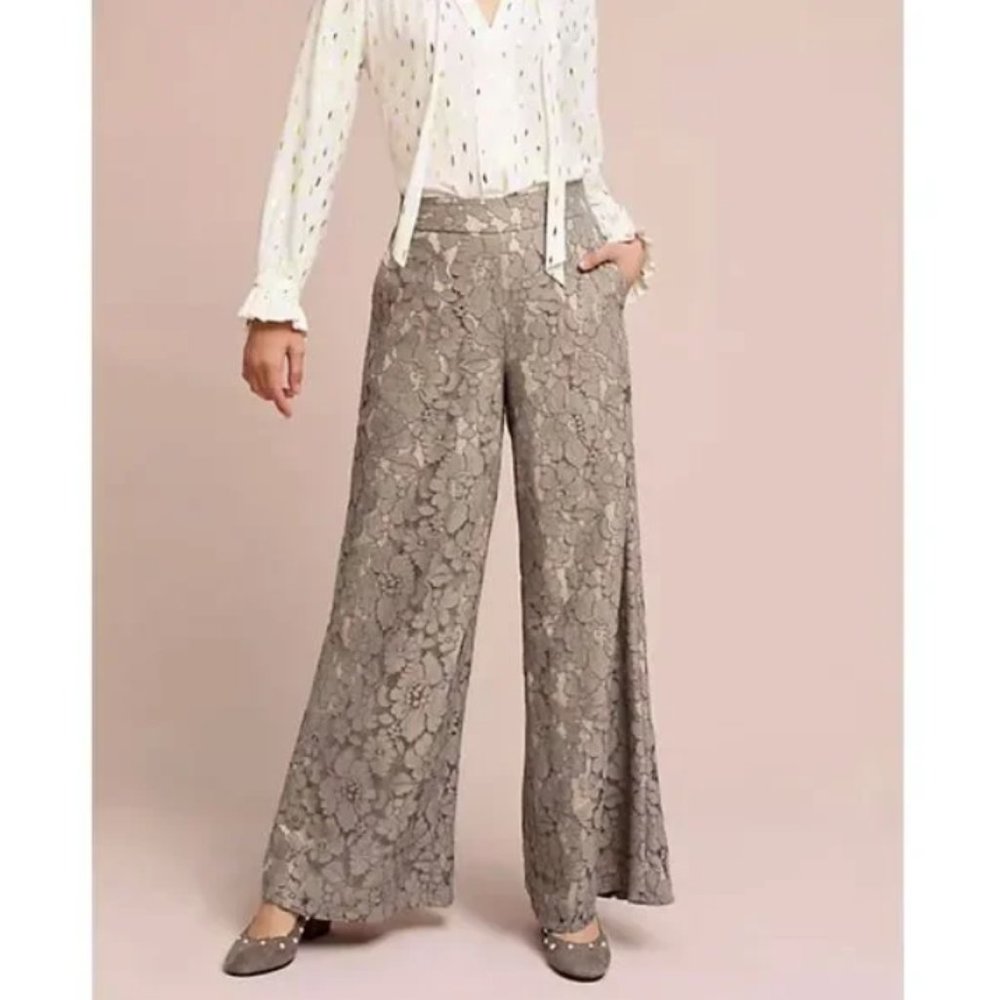 Anthropologie Feather Bone Grey Lace Wide-Leg Trousers